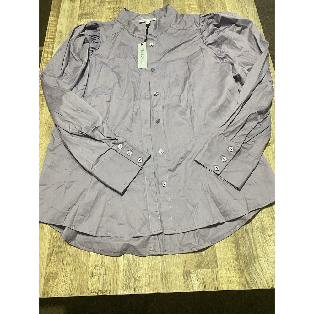 Prologue Women's Size L Purple Ash Button Up Long Sleeve‎ Puff Shoulder Blouse